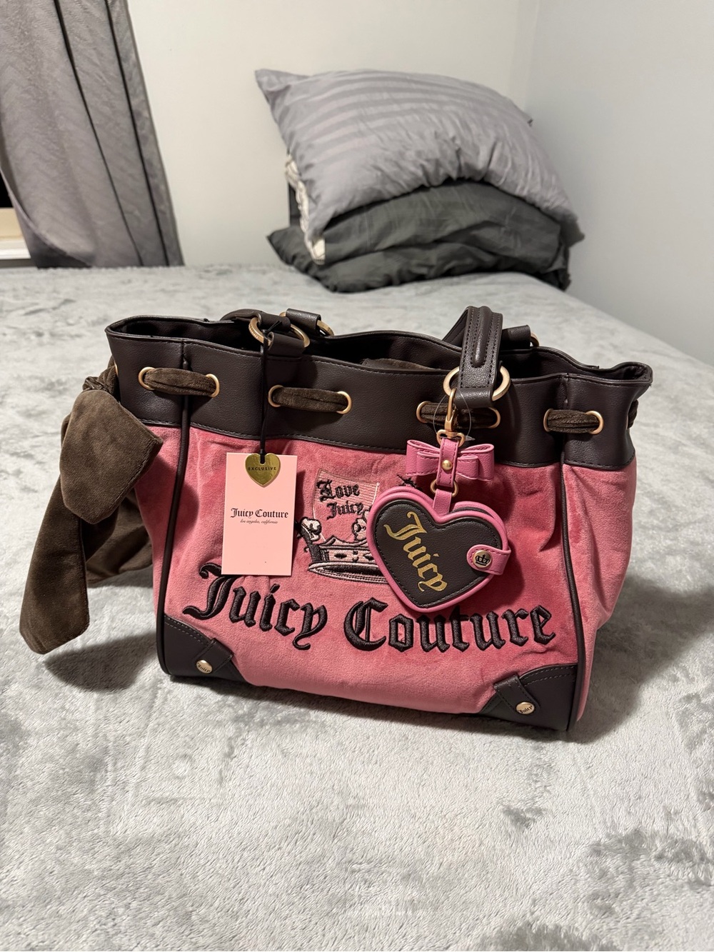 Juicy Couture Pink and Brown Drawstring Shoulder Bag with Heart Charm